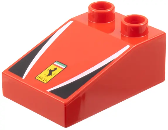 Red Duplo, Brick 3 x 2 Slope 33 with Ferrari Logo, White Stripes, Black Triangles Pattern