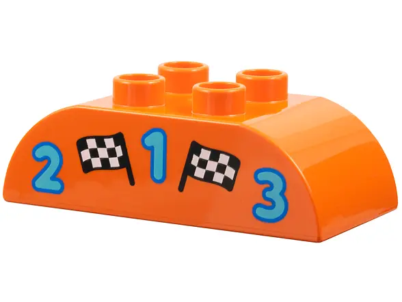 Reddish Orange Duplo, Brick 2 x 4 Slope Curved Double with 2 Black and White Checkered Flags and Med