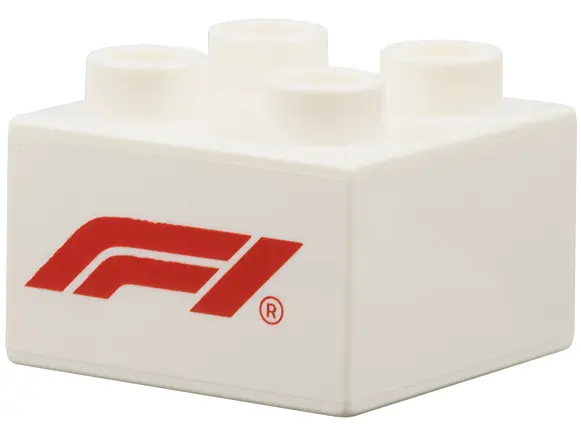 White Duplo, Brick 2 x 2 with Formula 1 Logo Stylized Red 'F1' Pattern