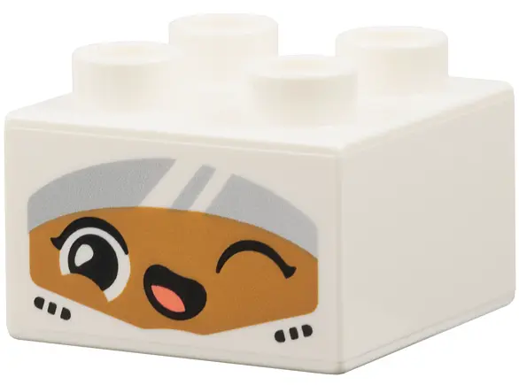 White Duplo, Brick 2 x 2 with Seat Belts, Medium Nougat Face with Black Eyes, Wink, Lopsided Open Mo