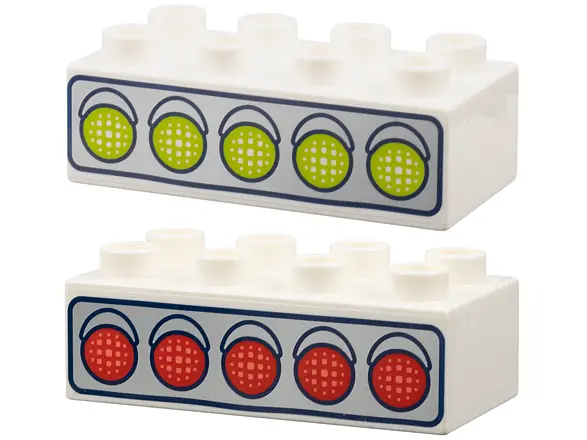 White Duplo, Brick 2 x 4 with 5 Race Start Lights on Silver Background, Lime Lights / Red Lights Pat