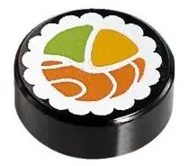 Black Tile, Round 1 x 1 with Sushi Salmon Maki Roll Pattern