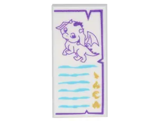 White Tile 1 x 2 with Dark Purple Baby Dragon, Medium Azure Lines and Gold Symbols Pattern