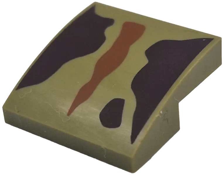 Green Slope, Curved 2 x 2 x 2/3 with Dark Orange Stripe and Dark Brown Markings Pattern