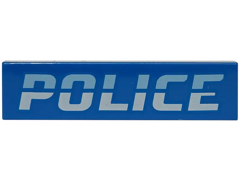 Blue Tile 1 x 4 with Bright Light Blue and White 'POLICE' Pattern
