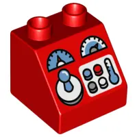Red Duplo, Brick 2 x 2 x 1 1/2 Slope 45 with Joystick, Gauges, and Buttons Pattern