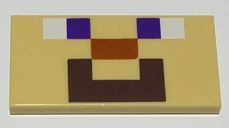 Tan Tile 2 x 4 with White and Purple Squares, Dark Orange Rectangle, and Dark Brown Mouth Shape (Min