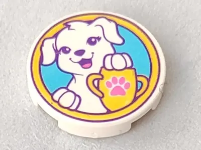 White Tile, Round 2 x 2 with Bottom Stud Holder with Puppy Dog, Yellow Trophy with Dark Pink Paw Pri