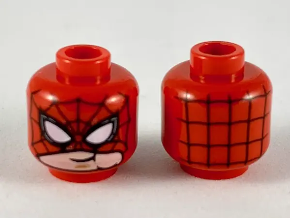 Red Minifigure, Head Alien with Spider-Man Black Webbing and White Eyes, Mask Pulled Up Showing Mout