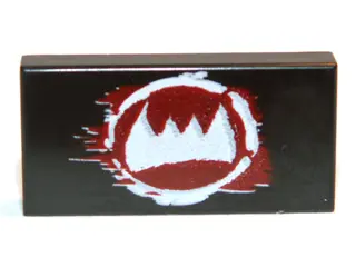 Black Tile 1 x 2 with White Fangs and Dark Red Pattern