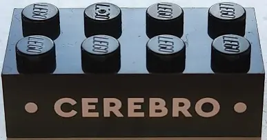 Black Brick 2 x 4 with White 'CEREBRO' and Dots Pattern