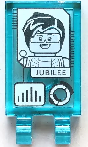 Trans-Light Blue Tile, Modified 2 x 3 with 2 Open O Clips with Screen with Jubilee Minifigure, Bar C