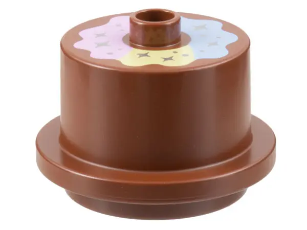 Reddish Brown Duplo Cake with Bright Light Blue, Bright Light Yellow, and Bright Pink Frosting, Silv