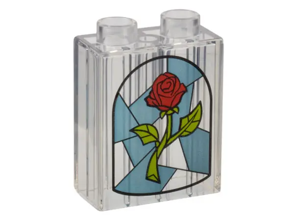 Trans-Clear Duplo, Brick 1 x 2 x 2 with Metallic Light Blue Shapes and Red and Lime Rose Pattern