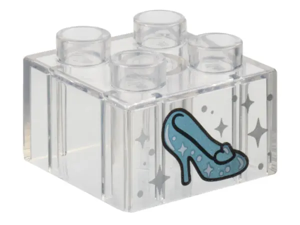 Trans-Clear Duplo, Brick 2 x 2 with Metallic Light Blue Shoe with Heel and Heart, Silver Sparkles an