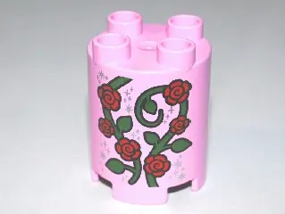 Bright Pink Duplo, Brick Round 2 x 2 x 2 with Red Roses, Vine and Stardust Pattern