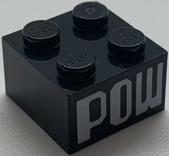 Black Brick 2 x 2 with White 'POW' Pattern on Two Sides