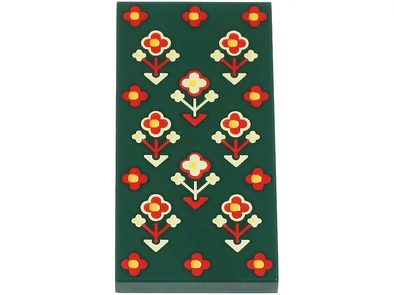 Dark Green Tile 2 x 4 with Red, Tan and Yellow Geometric Flowers Pattern
