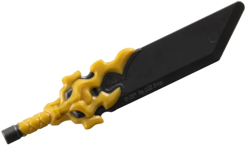 Dark Gray Minifigure, Weapon Sword with Pommel with Molded Pearl Gold Hilt with Flaming Dragon Head 