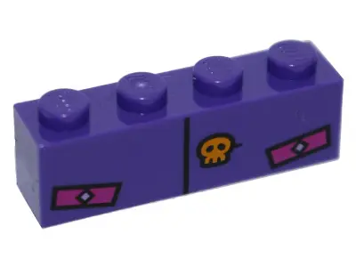 Dark Purple Brick 1 x 4 with Black Line, Bright Light Orange Skull and Magenta Rectangles Pattern (B