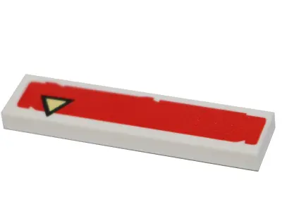 White Tile 1 x 4 with Bright Light Yellow Triangle with Black Outline Offset on Red Rectangle Patter