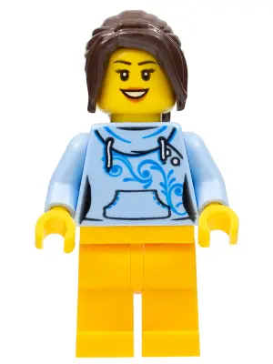 Female with Long Dark Brown Hair, Bright Light Blue Hoodie, and Bright Light Orange Legs
