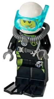 Fire - Scuba Diver, Black Flippers, Dark Bluish Gray Scuba Tank, White Helmet, Trans-Light Blue Scub