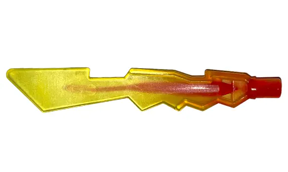 Trans-Yellow Minifigure, Weapon Sword Blade with Jagged Edges and Bar End with Marbled Trans-Red Pat