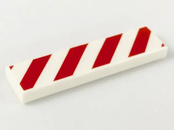 White Tile 1 x 4 with Red and White Danger Stripes (Red Corners) Pattern