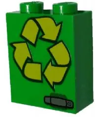 Bright Green Brick 1 x 2 x 2 with Inside Stud Holder with Yellow Recycling Arrows and Silver Door Ha