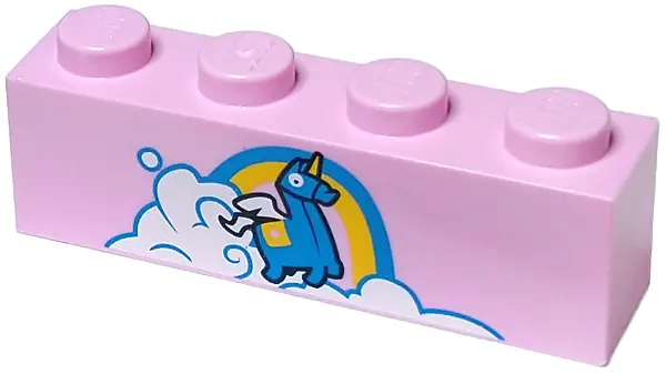 Bright Pink Brick 1 x 4 with Dark Azure and Yellow Unicorn and Rainbow, and White Cloud Pattern (Bri