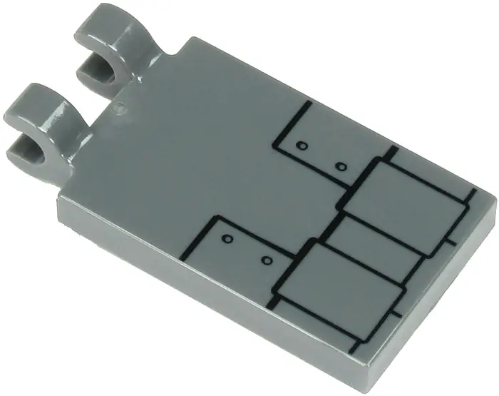 Dark Bluish Gray Tile, Modified 2 x 3 with 2 Clips with Metal Plates with Black Border and 4 Rivets 