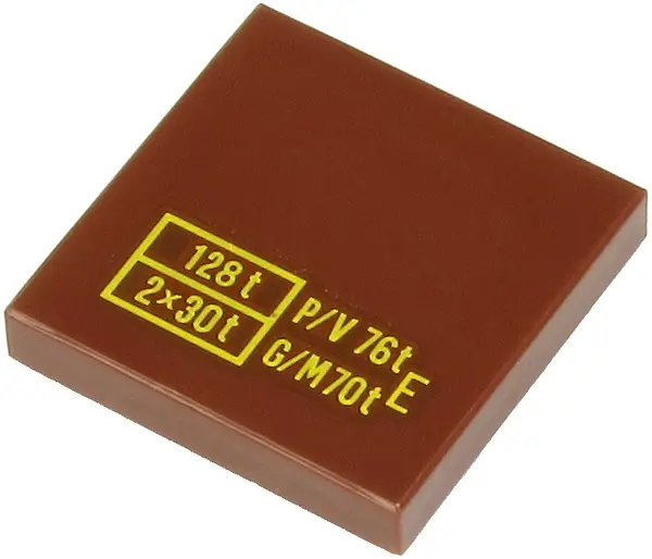 Reddish Brown Tile 2 x 2 with Yellow '128 t', '2x30 t', P/V 76t', 'G/M70t' and 'E' Pattern