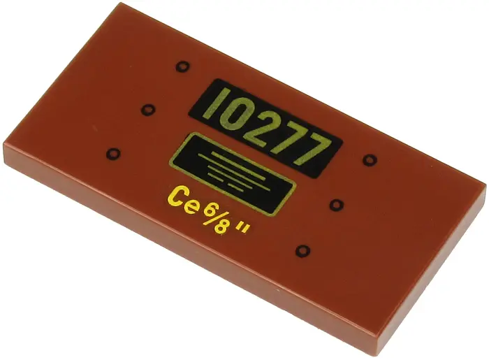 Reddish Brown Tile 2 x 4 with Gold '10277' and Text on Black Background, Yellow 'Ce 6/8"' and 6 Rive