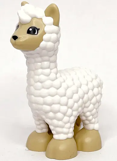 White Duplo Alpaca / Llama with Tan Feet and Face and Black Eyes Pattern