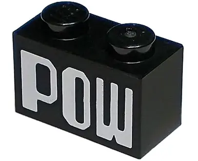 Black Brick 1 x 2 with White 'POW' Pattern
