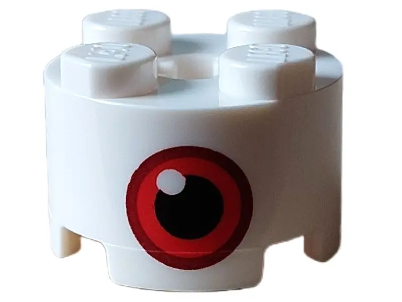 White Brick, Round 2 x 2 with Axle Hole with Red and Black Eye with White Dot Pattern