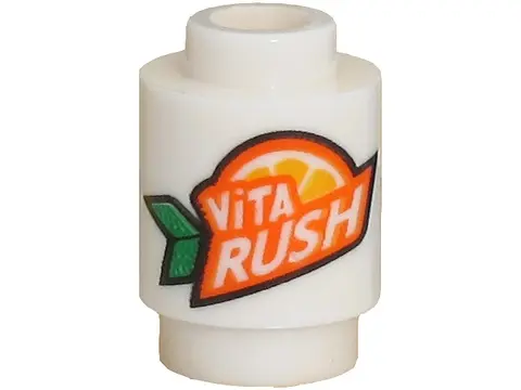 White Brick, Round 1 x 1 with 'ViTA RUSH' Logo with Green Leaves Pattern