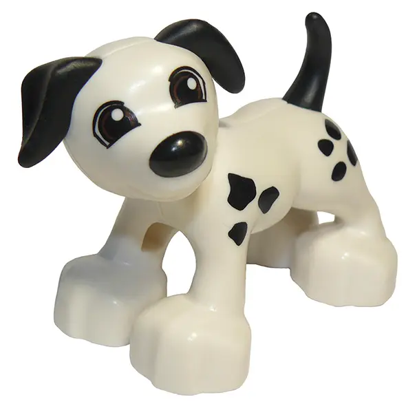 White Duplo Dog with Reddish Brown Eyes and Black Ears, Nose, Tail, and Spots Pattern