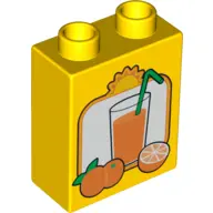 Yellow Duplo, Brick 1 x 2 x 2 with Oranges and Glass of Orange Juice with Green Straw Pattern