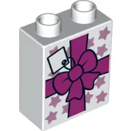 White Duplo, Brick 1 x 2 x 2 with Present / Gift with Bow and Stars Pattern