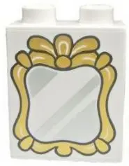 White Duplo, Brick 1 x 2 x 2 with Silver Mirror and Gold Frame Pattern