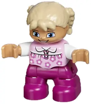 Duplo Figure Lego Ville, Child Girl, Magenta Legs, Bright Pink Top with Flowers, White Arms, Tan Hai