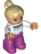 Duplo Figure Lego Ville, Female, Magenta Legs, White Sweater with Blue Flowers Pattern, Tan Ponytail