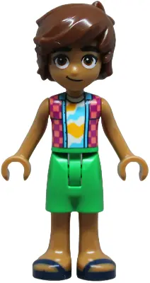 Leo - Coral and Magenta Checkered Sleeveless Shirt, Bright Green Shorts, Dark Blue Sandals