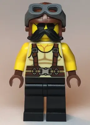 Man, Tan Tank Top, Black Moustache, Reddish Brown Suspenders and Aviator Cap with Dark Bluish Gray G