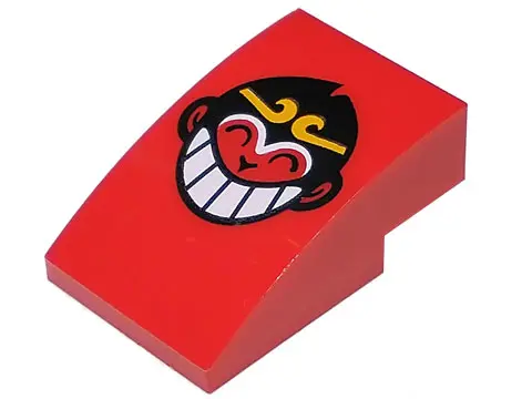 Red Slope, Curved 3 x 2 with Monkey Face with Black Hair, Bright Light Orange Crown, and White Grinn