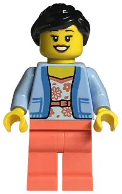 LEGO Store Customer - Female, Bright Light Blue Jacket over White Shirt with Coral Flowers, Coral Le