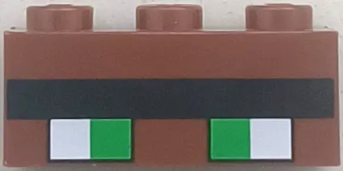 Brown Brick 1 x 3 with Minecraft Pixelated Green Eyes with Black Outline and Unibrow Pattern