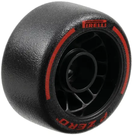 Black Wheel 24 x 13.4 with Pin Hole with Molded Black Hard Rubber Tire and Printed Red 'PIRELLI', 'P
